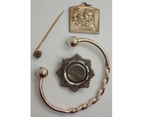 Victorian white metal brooch white metal torq bangle plated fob and a stick pin 