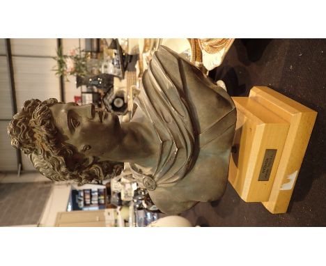 Ceramic bust of Apollo on a wooden plinth H: 32 cm