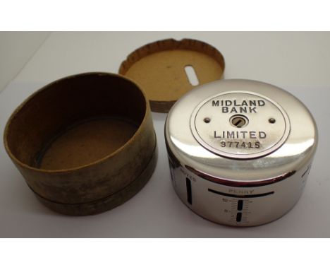 Midland bank vintage savings bank and an Oriental circular  box 