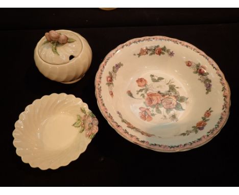 Clarice Cliff lidded preserve pot butter dish and a bowl