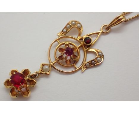 Edwardian 10ct yellow gold necklace set  with ruby and seed pearls