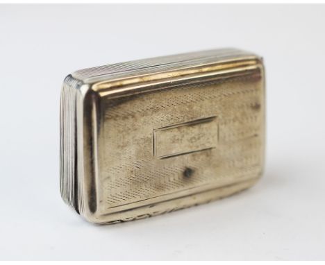 A George IV silver snuff box, William Simpson Birmingham 1825, of rectangular form, with engine turned detail, vacant cartouc