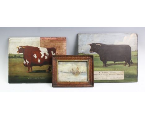 English School (20th century), two oils on board, 'A Sussex Steer, First Prize Winner, Smithfield Club Show, 1902, Owned by G