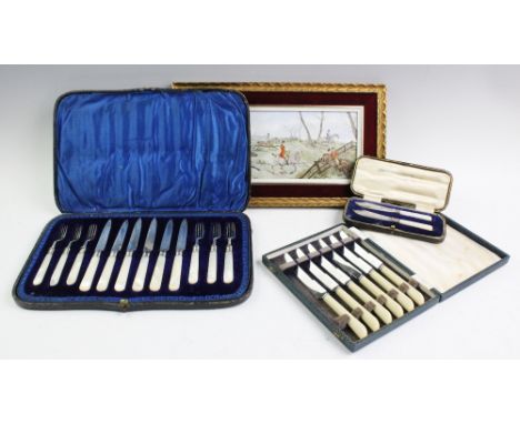 A cased set of twelve Edwardian silver fruit knives and forks, Atkin Brothers, Sheffield 1906 and 1907, the six knives and si