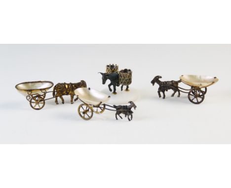A pair of late 19th century French Palais Royale mother of pearl carts, each drawn by a goat, 9.5cm long with two similar don