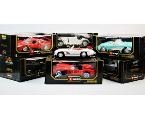 Seven boxed Burago die cast models, 1/18 scale, to include Mercedes Benz SSKL 1931, Jaguar E Cabriolet 1961, Ferrari F40 1987