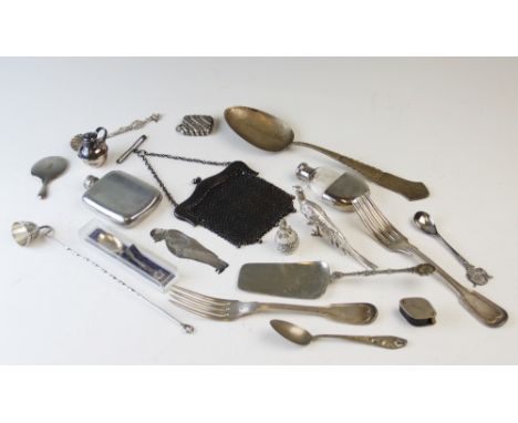 A selection of silver and plated items, to include; a hip flask, assorted condiments, serving implements, commemorative teasp