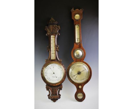 A 19th century mahogany banjo wall barometer, with damp/dry indicator, thermometer and a 20cm silvered dial, 95cm long, along