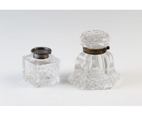 A gilt metal mounted cut glass inkwell, of tapering hexagonal form, 10cm high with a silver mounted inkwell London 1899, of c