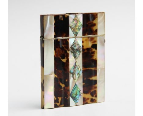 A Victorian tortoiseshell and mother of pearl inlaid calling card case, of serpentine rectangular form inlaid with bands of m