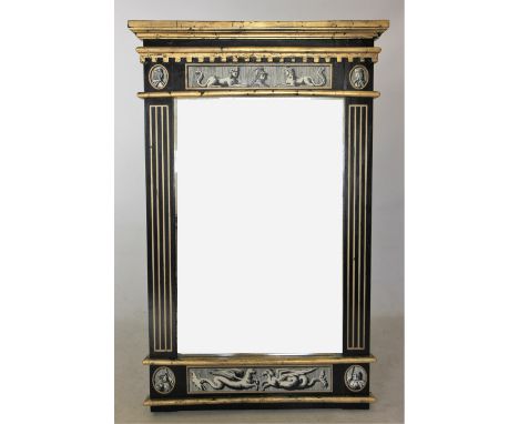 A Regency style pier mirror, painted in black with gilt highlights in a neoclassical style, 141cm H x 88cm W, along with an a