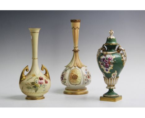 A Royal Worcester blush ivory vase, shape number 1761, the vase of onion form with tall neck, puce maker' mark for 1907 and R