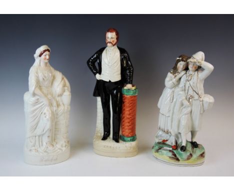 A group of three Staffordshire flatback figures, 19th century and later, comprising: a portrait figure of Sankey, decorated i