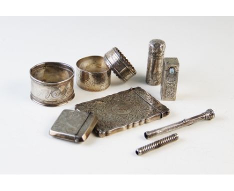A selection of silver to include an Edwardian calling card case, William Neale, Birmingham 1909, 9.5cm high, a vesta case, an