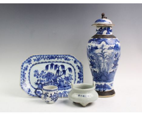 A selection of Chinese porcelain, 18th century and later, comprising; a craquelure celadon glazed tripod censor, Guangxu call