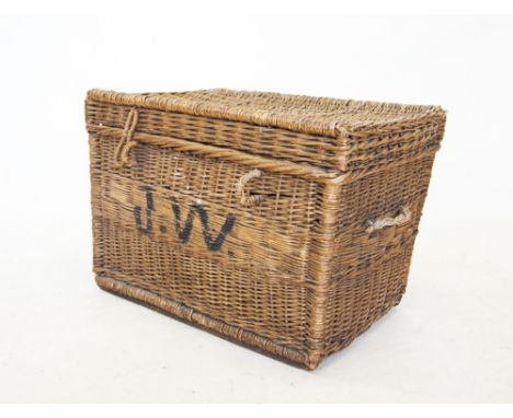 A vintage wicker basket, the hinged cover with wicker loop catches 47cm H x 70cm W x 45cm D 