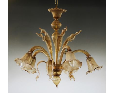 A five branch Venetian glass chandelier, mid 20th century, the chandelier of gold tinted glass, the wrythen moulded sconces w