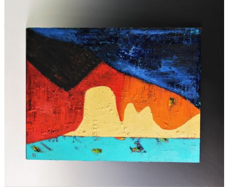 Attributed to Peter Kinley (1926-1988), Oil on board, Abstract landscape with lake and hill, Monogrammed 'K' lower left, insc