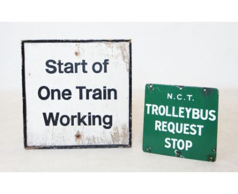 A vintage vitreous enamel sign, Nottingham City Transport 'Trolleybus request stop', 38cm x 40cm, with a vintage painted wood