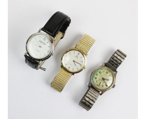 A vintage gentlemen's Omega De Ville wristwatch, thew circular champagne coloured face with arabic and baton dial, attached b