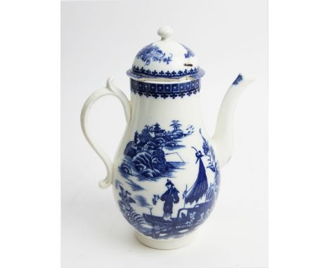 A Caughley porcelain coffee pot and cover, circa. 1775, of typical form, decorated in the 'fisherman and cormorant' pattern, 