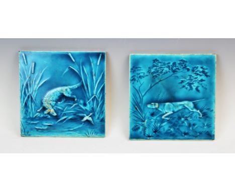 Two Minton Hollins &amp; Co turquoise glazed tiles of hunting interest, one depicting a pointer dog in a country landscape, t