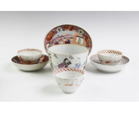 A Chinese porcelain bowl, decorated in famille rose enamels with figures in a garden, 8.5cm high, a New Hall tea pot stand an