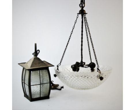 An early 20th century cut glass plafonnier, triple light fitting suspended by rope and chain, 34cm diameter, and an Arts & Cr