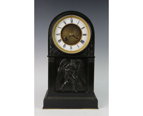A mid 19th century French slate mantel clock, stamped 'G V Gay Vicarino, Paris', the domed slate case carved with father time