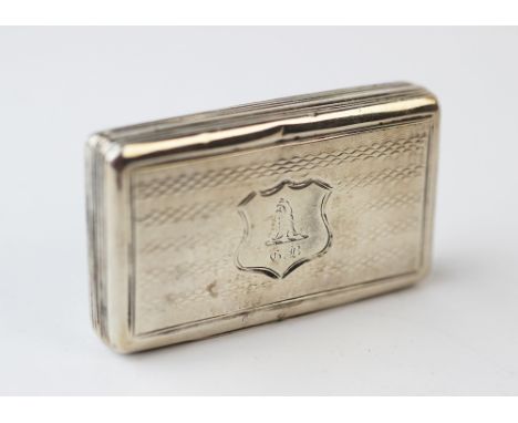 A Victorian silver snuff box Wilmot and Roberts, Birmingham 1841, with shield shaped cartouche enclosing crest, against engin