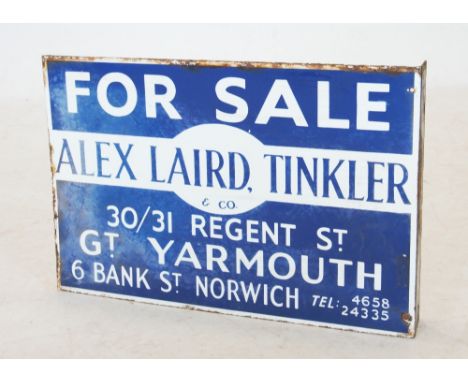 A vintage vitreous enamel double sided advertising sign, 'Alex Laird, Tinkler &amp; Co', 30.5cm H x 46cm W 