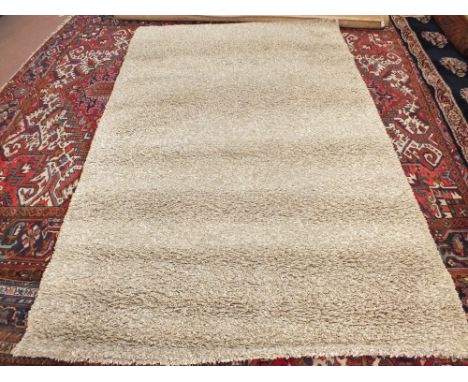 A beige shag pile carpet, 114" x 80"