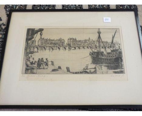 F. Marryatt, etching of Ravello, Italy, a print of Old London Bridge and a small pine mirror