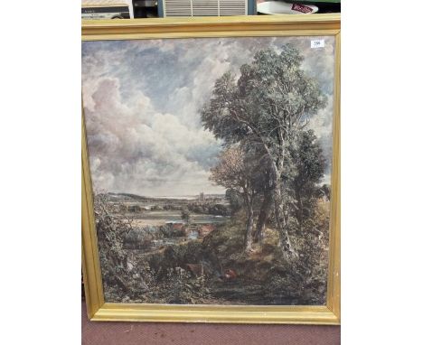 A gilt framed print, Woodland and distant coastal scene 35" x 29"