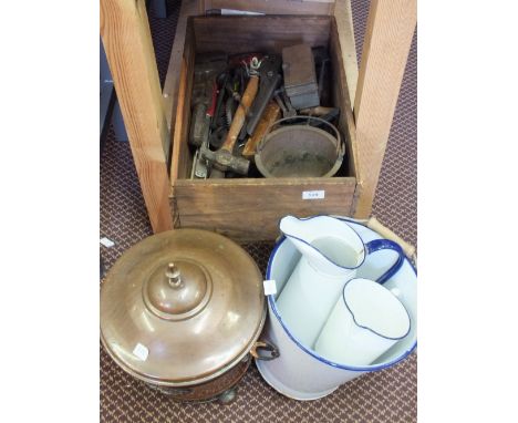 Various woodworking and other tools, Copper coal bin, white enamel ware