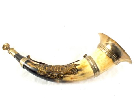 An Ancient Order of Foresters Brass and Silver plate mounted horn hunting horn, length 12"