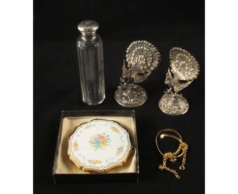 A toilet bottle, two Peacock menu holders, Stratton powder compact in cardboard case