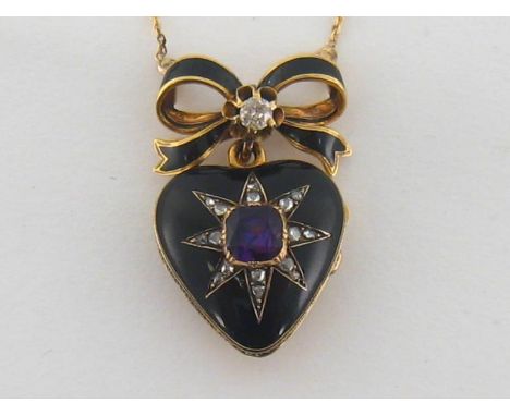 A late Victorian diamond, amethyst and enamel locket, circa 1900, the heart shaped locket set to the centre with a cushion  c