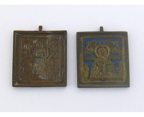 Two 19th. century square cast brass icons, one Christ Pantocrator attended by Saints on a blue enamel background, one the Vir