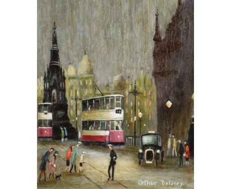 Arthur Delaney (1927-1987) Albert Square with trams Signed, oil on board, 24.5cm by 20.5cm Artist's Resale Rights/Droit de Su
