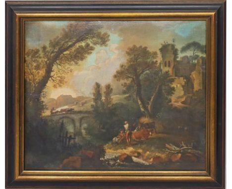 Unbekannter Maler (19. Jh.) Landschaft mit Burgruine und Bauern an Bachlauf. Öl/Lwd. (Altersspuren, rest., doubliert). Ca. 46
