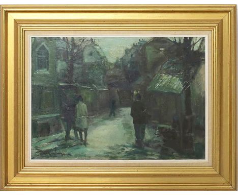 Unbekannter Maler (20. Jh.) Winterliche Altstadtgasse mit Spaziergängern bei Nacht. Öl/lwd., li. u. unleserlich sign. "Paul .