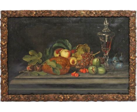 Unbekannter Maler (17/18. Jh.) Stillleben mit Früchten. Öl/Lwd. (Altersspuren, doubliert, rest.). Ca. 55x 82 cm. R.