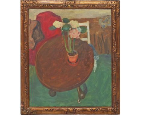 Unbekannter Maler (Anf. 20. Jh.) Stillleben auf einem Tisch mit weißem Stuhl. Öl/Lwd. 60x 50 cm. R.