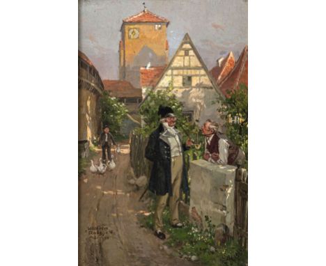 Roegge, Wilhelm, (1870 München - Oeraudorf 1946) Plausch auf einer Dorfstraße. Öl/Holz, li. u. sign. mit Ortsbez. "München". 