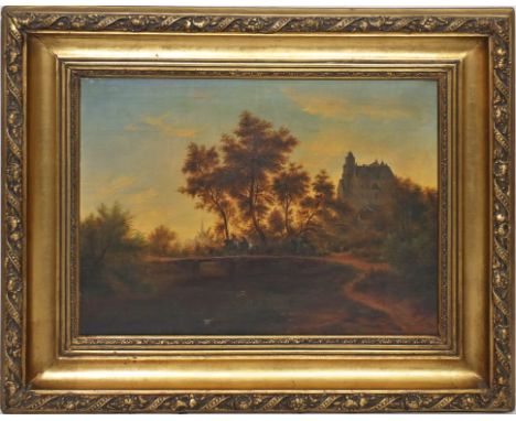 Romantiker (19. Jh.) Reiter auf Brücke vor Burgkulisse. Öl/Lwd. (Altersspuren). Ca. 41x 56 cm. R. 