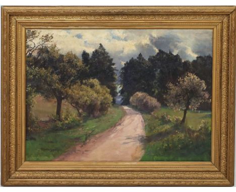 Rummelspacher, Joseph (1852 Berlin 1921) Sommerlicher Weg bei aufziehendem Gewitter. Öl/Lwd. (obere Kante des Keilrahmens dur