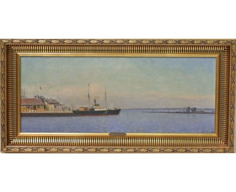 Wang, Albert (1864 - 1930 Dänemark) Ankerndes Schiff vor Hafenausfahrt. Öl/Lwd., re. u. sign. und dat. 1902. Ca. 28x 69 cm. R