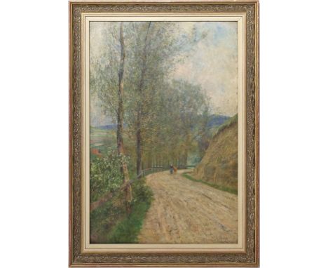 Merker, Max (1861 Weimar 1928) Landstraße "Frühling in Franken", so auf Keilrahmen betitelt. Öl/Lwd., re. u. sign. 69x 47 cm.