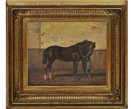 von Maly, August (1835 Verona  - Wien 1893) Pferd im Stall. Öl/Lwd. (doubliert), re. u. sign. Ca. 23x 27 cm. R.